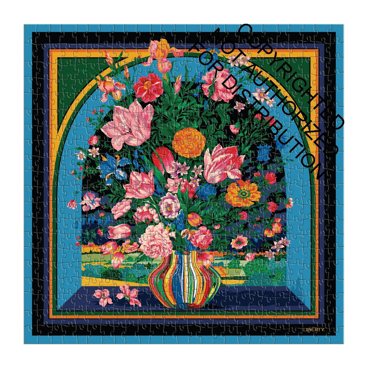 A completed jigsaw puzzle featuring a colorful floral bouquet in a striped vase, surrounded by an arched garden scene and decorative border. The puzzle pieces are assembled, and a diagonal watermark reading 'Copyrighted Material Distribution' is overlaid across the artwork.