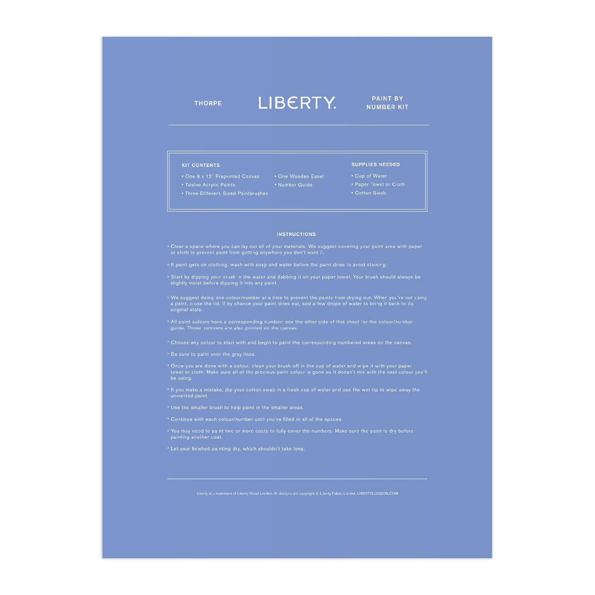 A blue instruction sheet for 'Thompson Liberty Part 1: Number Kit' featuring white text and outlines on a solid blue background, presented on a white backdrop.