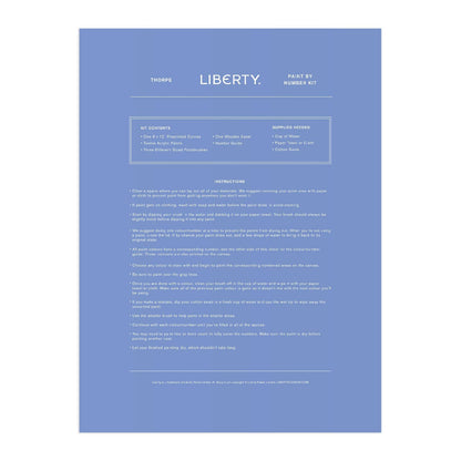 A blue instruction sheet for 'Thompson Liberty Part 1: Number Kit' featuring white text and outlines on a solid blue background, presented on a white backdrop.