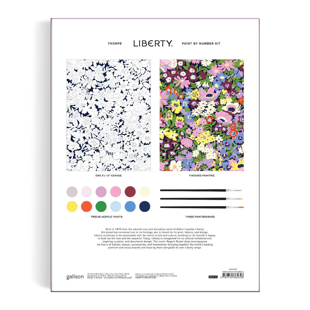 Liberty paint by number kit packaging with floral and abstract patterns, paint swatches, and brushes.