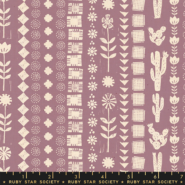 Fabric with a lilac background and plant themed white pattern. From Heirloom by Alexia Abegg at Ruby Star Society. 100% cotton for sewing, crafting, and quilting. 
