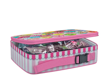 Pink and white striped lunch box with donut design on a white background
