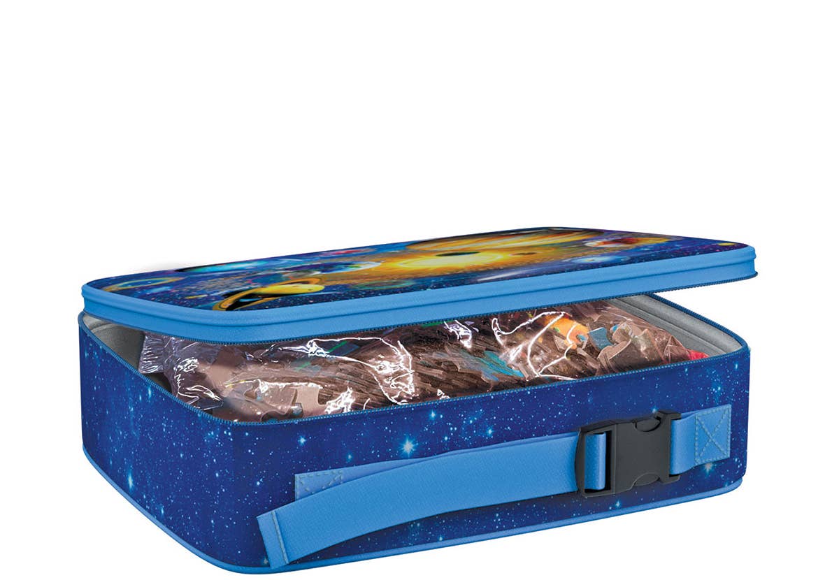 Blue cooler bag with a space-themed design on a white background