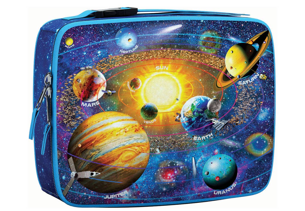 Insulated lunch bag with solar system design on a white background