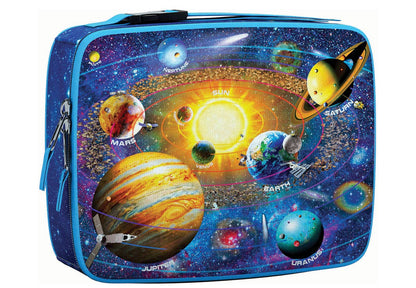 Insulated lunch bag with solar system design on a white background