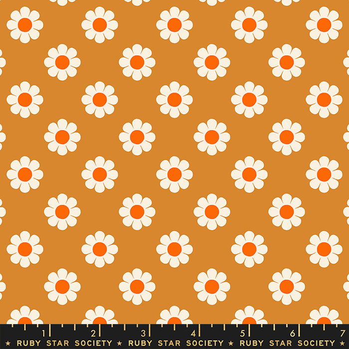Pattern of white flowers with orange centers on a mustard yellow background, featuring Ruby Star Society branding.