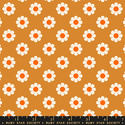 Pattern of white flowers with orange centers on a mustard yellow background, featuring Ruby Star Society branding.