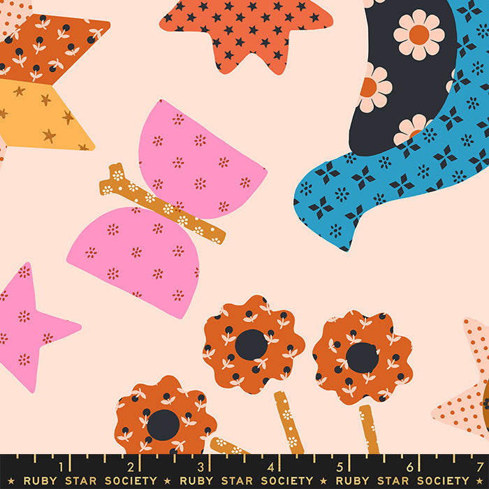 Colorful pattern with butterflies, flowers, and stars on a beige background, featuring Ruby Star Society label.