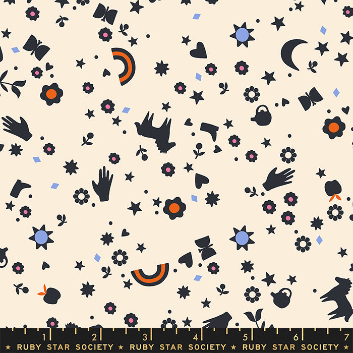 Patterned fabric with black silhouettes on a beige background, featuring stars, flowers, and abstract shapes.