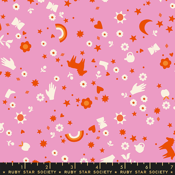 Patterned fabric with cartoon-like designs on a pink background, featuring stars, flowers, and other elements.