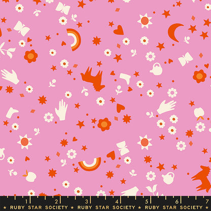 Patterned fabric with cartoon-like designs on a pink background, featuring stars, flowers, and other elements.