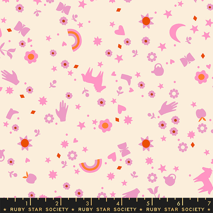 Patterned fabric with pink and orange elements on a beige background, featuring Ruby Star Society label.