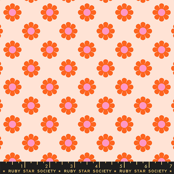 Pattern of orange flowers with pink centers on a beige background, featuring Ruby Star Society label.