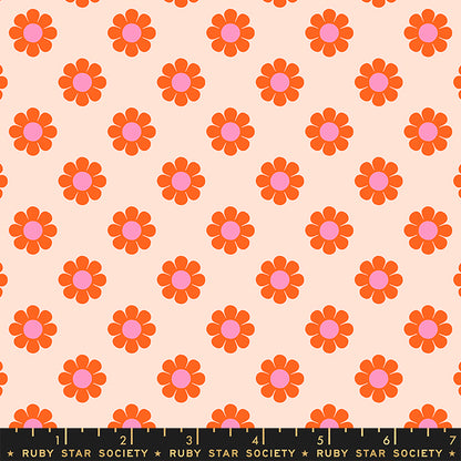Pattern of orange flowers with pink centers on a beige background, featuring Ruby Star Society label.