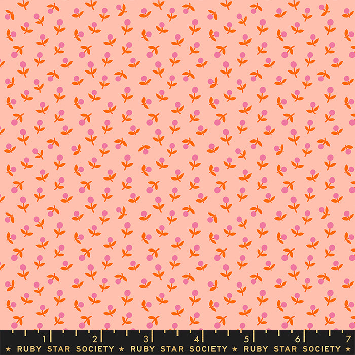 Patterned fabric with small pink and orange flowers on a peach background, labeled Ruby Star Society.