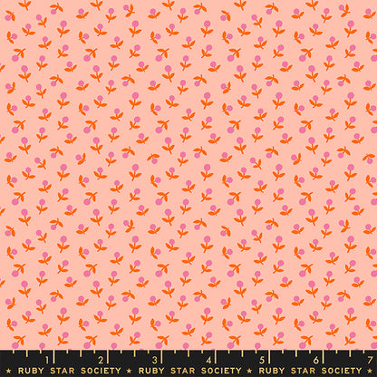Patterned fabric with small pink and orange flowers on a peach background, labeled Ruby Star Society.