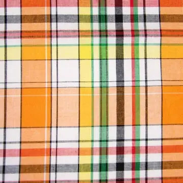 Plaid fabric with a colorful pattern of orange, green, red, and black on a white background. Multicolored plaid pattern fabric swatch. 100% cotton lightweight fabric for sewing clothing material