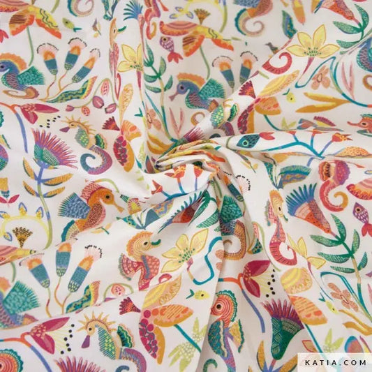 Colorful fabric pattern with sea creatures and plants on a white background. 100% cotton poplin fabric fabric material for sewing lightweight clothing