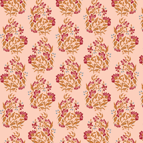 Floral patterned fabric with pink and orange flowers on a light pink background from Fairview avenue Bari J Art Gallery Fabric quilting cotton for sewing and crafting.