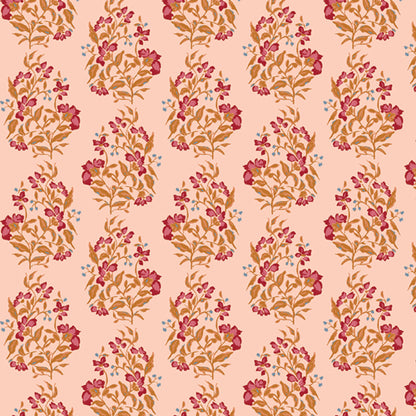 Floral patterned fabric with pink and orange flowers on a light pink background from Fairview avenue Bari J Art Gallery Fabric quilting cotton for sewing and crafting.