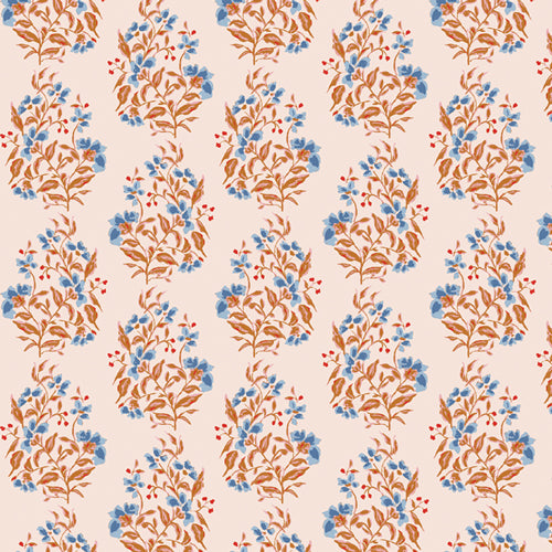 Patterned fabric of blue and orange flowers on a beige background from Fairview avenue Bari J Art Gallery Fabrics quilting cotton for sewing and crafting.