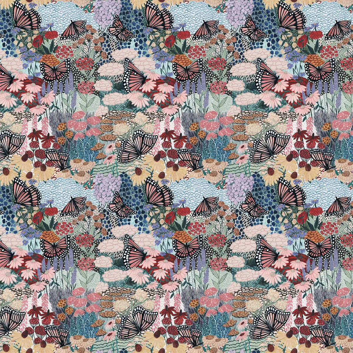 fabric with multicolor flower butterfly and fields illustrations. From 100% rayon from Eden from FIGO Fabrics 