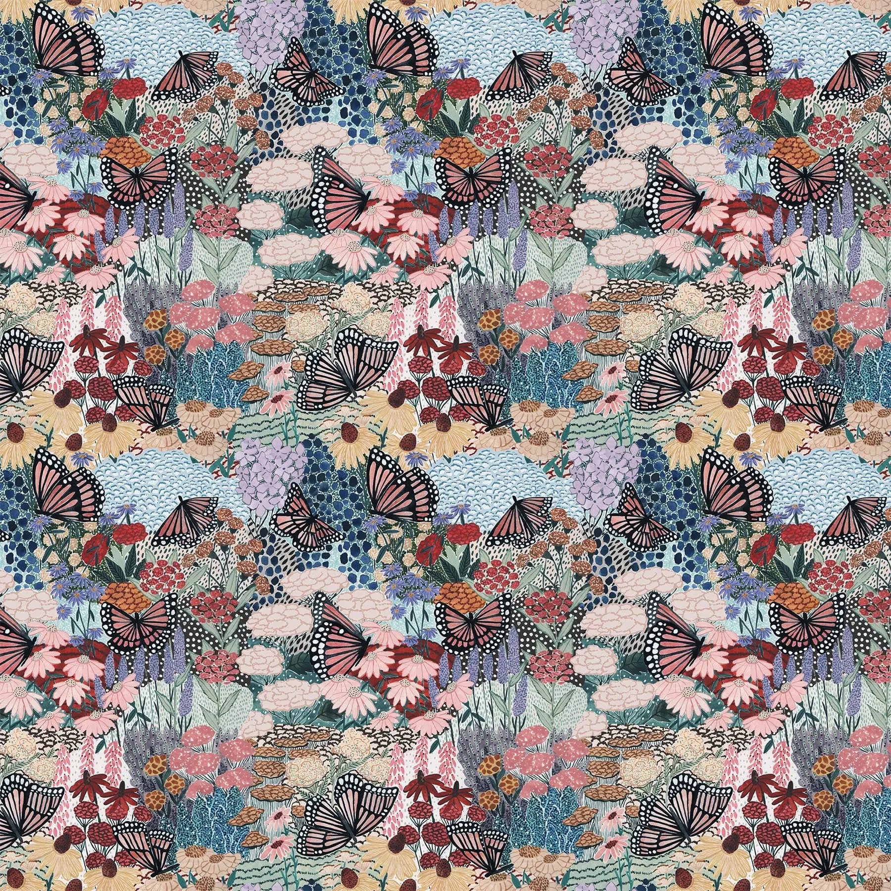 fabric with multicolor flower butterfly and fields illustrations.  typically used for quilting and crafting. from Eden from FIGO Fabrics 