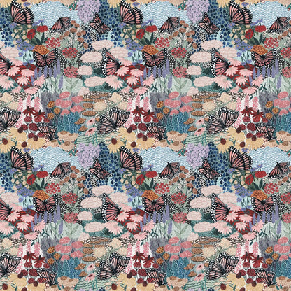 fabric with multicolor flower butterfly and fields illustrations.  typically used for quilting and crafting. from Eden from FIGO Fabrics 