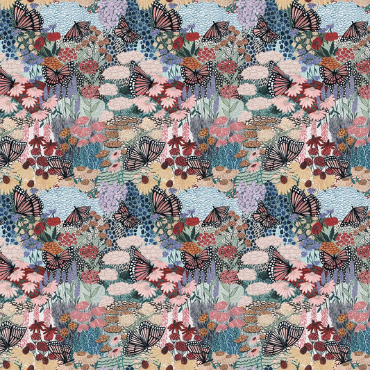fabric with multicolor flower butterfly and fields illustrations.  typically used for quilting and crafting. from Eden from FIGO Fabrics 