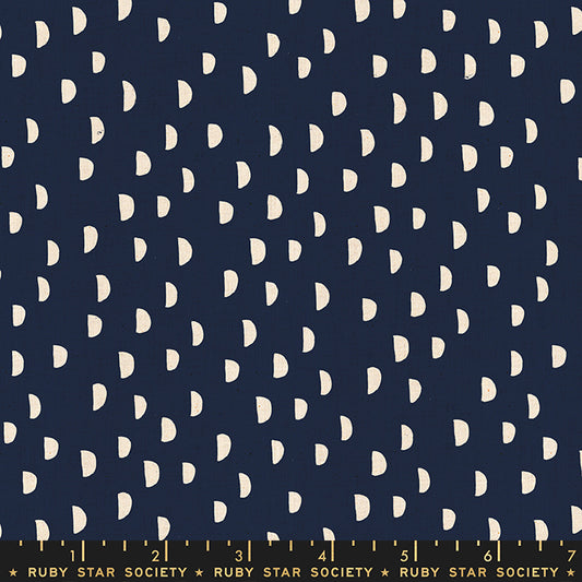 Fabric with a navy background and white half moonpattern. From Heirloom by Alexia Abegg at Ruby Star Society. 100% cotton for sewing, crafting, and quilting. 