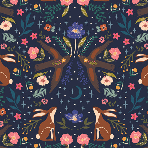 Patterned fabric with rabbits, flowers, and leaves on a dark blue background