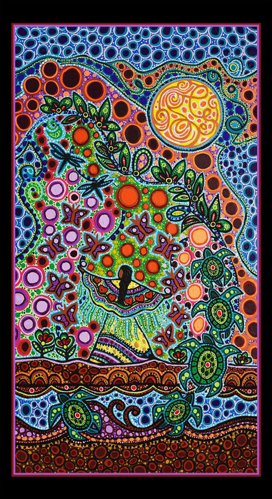 Colorful abstract artwork with intricate patterns and a central figure. 100% cotton material fabric sewing panel for wall art or quilt