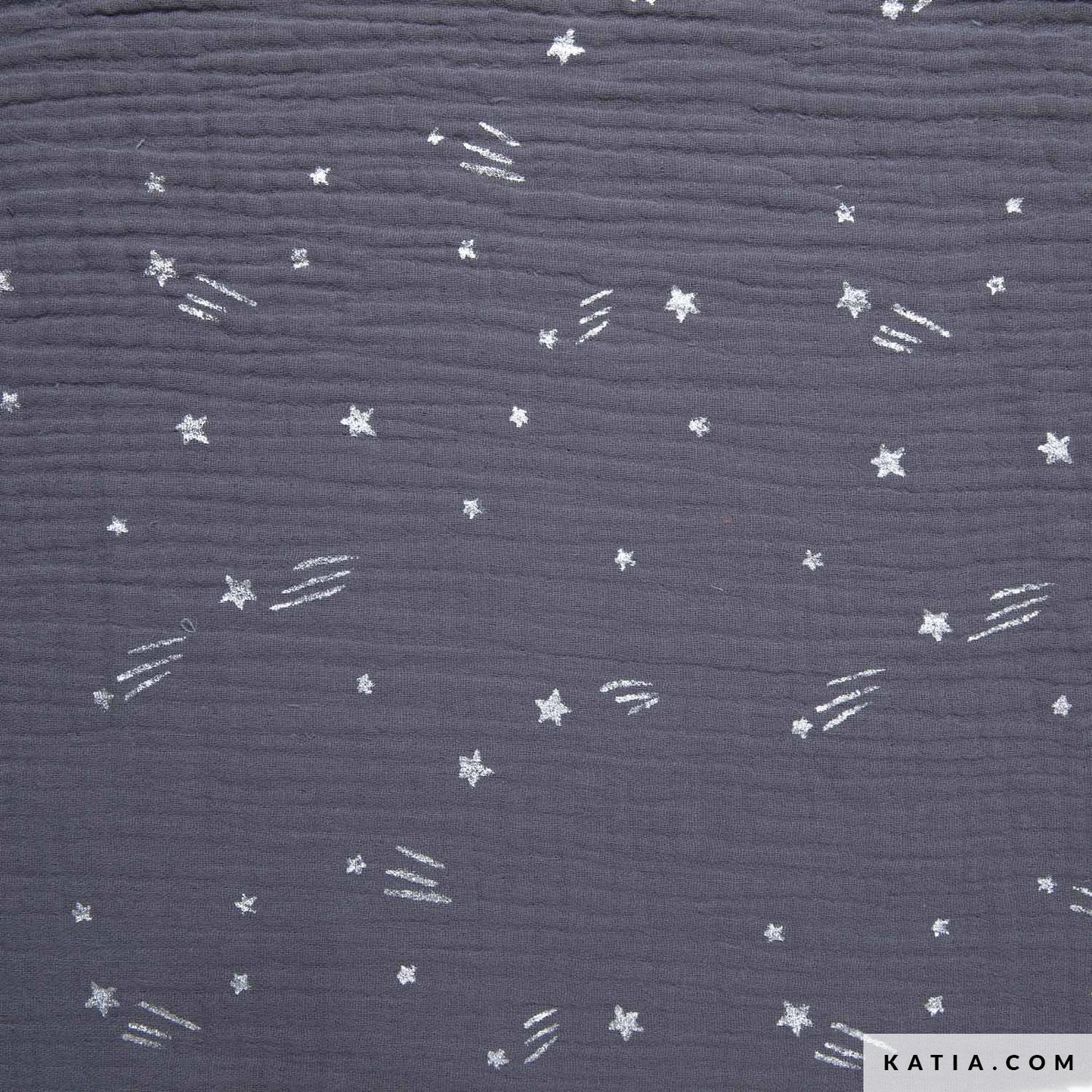 Textured gray fabric with silver star and line pattern, brand 'KATIA' visible.