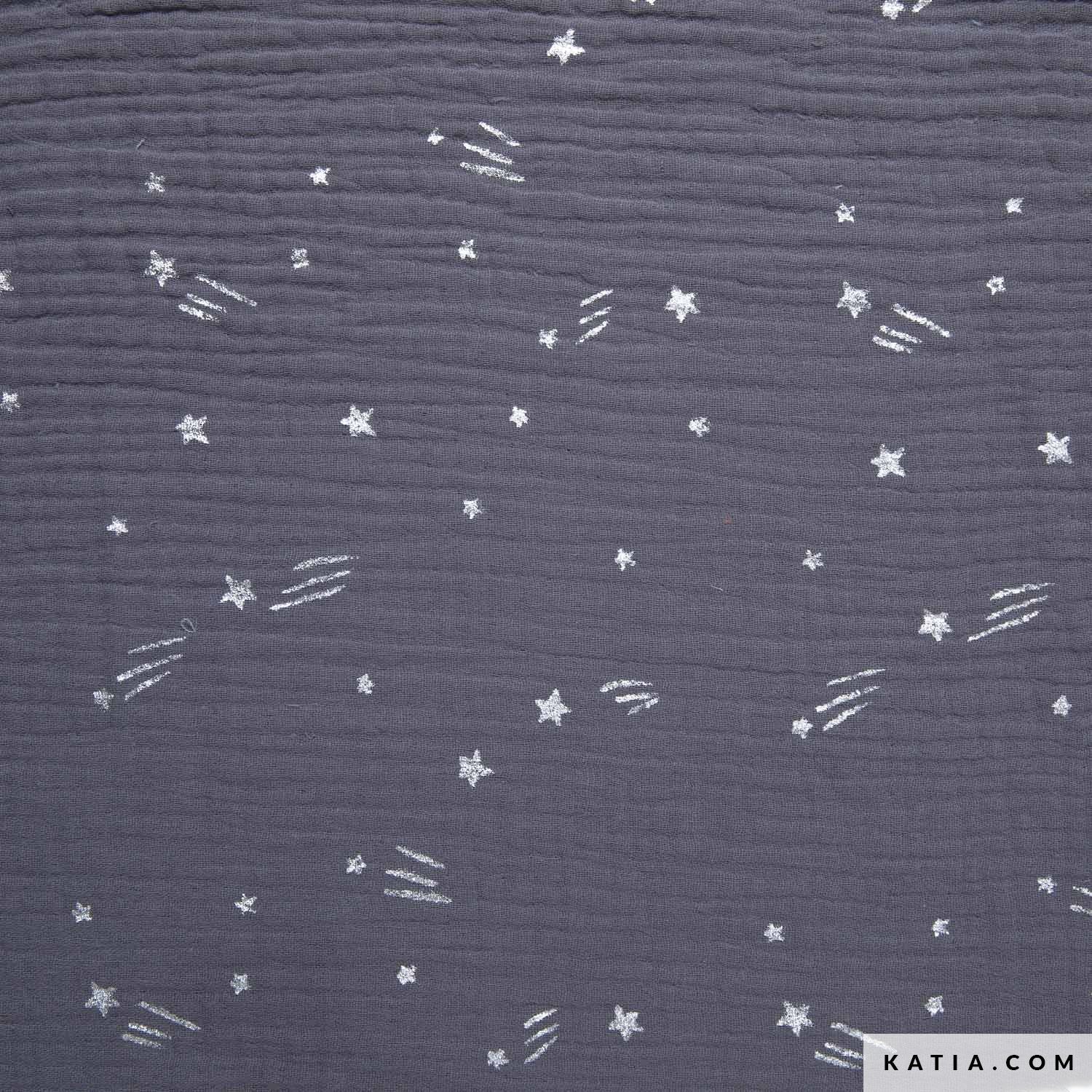 Textured gray fabric with silver star and line pattern, brand 'KATIA' visible.