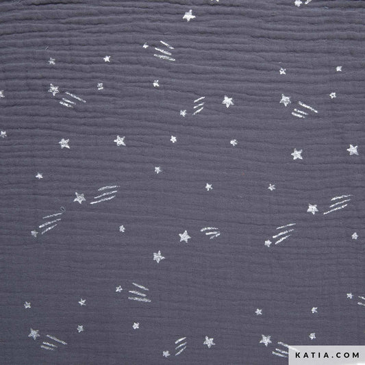 Textured gray fabric with silver star and line pattern, brand 'KATIA' visible.