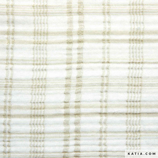 Close up of muslin fabric with a beige tartan pattern from Katia Fabrics