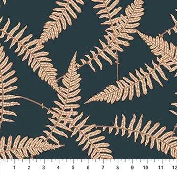 Pattern of gold fern leaves on a dark navy background. 100% Rayon Fabric for sewing blouses, dresses, flowing. 