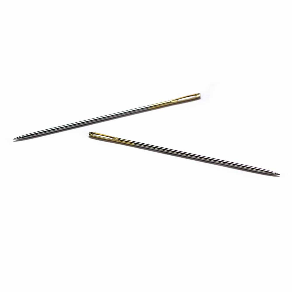 Two metal needles for handsewing on a white background