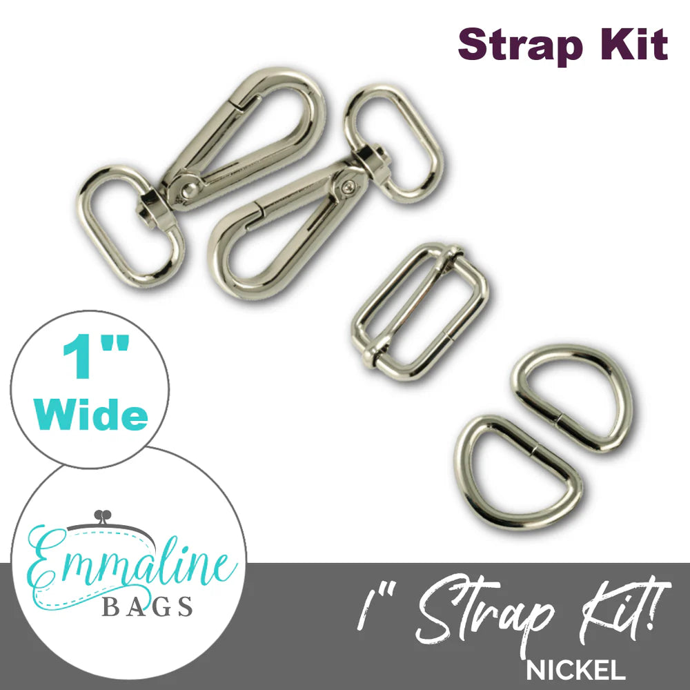 Strap kit with carabiners and buckles labeled '1" Wide' by Emmaline Bags on a white background.