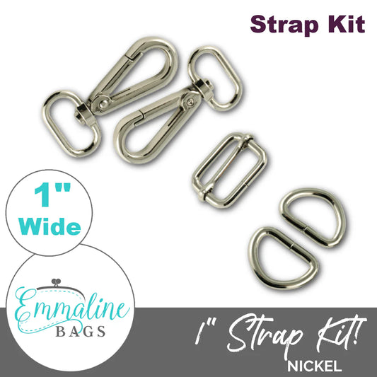 Strap kit with carabiners and buckles labeled '1" Wide' by Emmaline Bags on a white background.