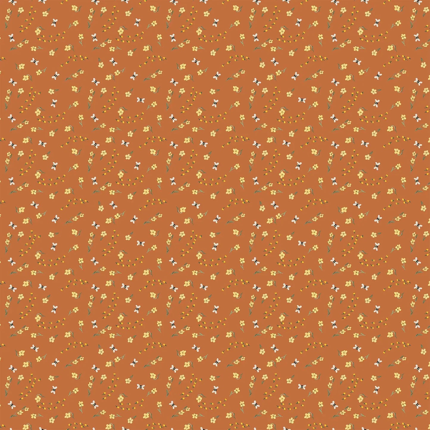 orange colored fabric with small yellow flower illustrations.  typically used for quilting and crafting. from Eden from FIGO Fabrics 