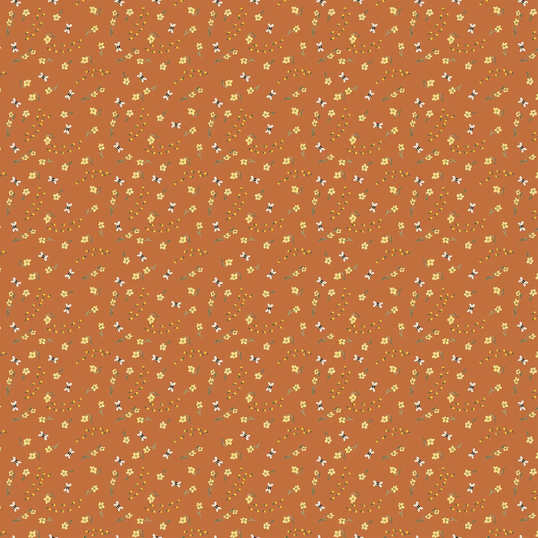orange colored fabric with small yellow flower illustrations.  typically used for quilting and crafting. from Eden from FIGO Fabrics 