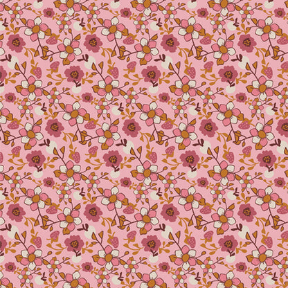 Floral patterned fabric with pink, brown, and white flowers on a pink background from Fairview avenue Bari J Art Gallery Fabrics quilting cotton for sewing and crafting.