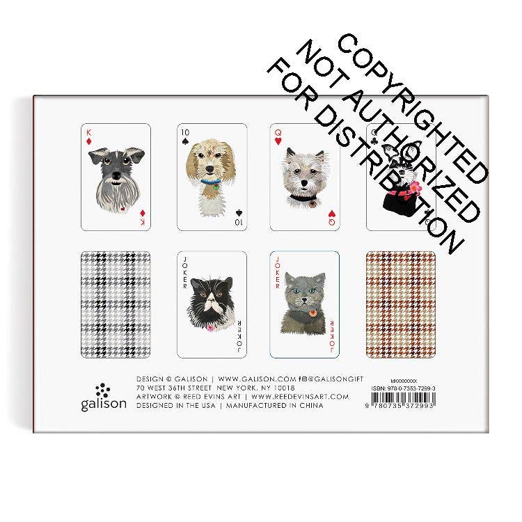A square printed card or packaging insert featuring six illustrated dog playing cards with black-and-white and brown houndstooth patterned card backs, plus a large diagonal copyright notice and Gailson branding at the bottom.