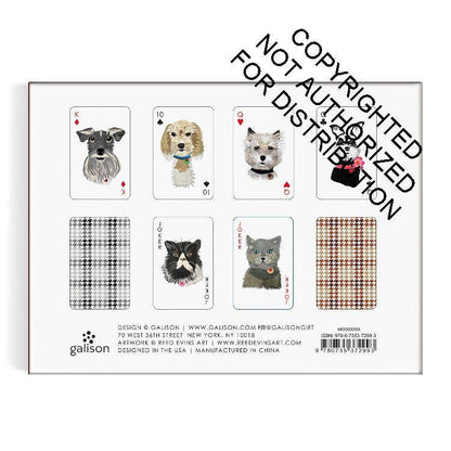 A square printed card or packaging insert featuring six illustrated dog playing cards with black-and-white and brown houndstooth patterned card backs, plus a large diagonal copyright notice and Gailson branding at the bottom.