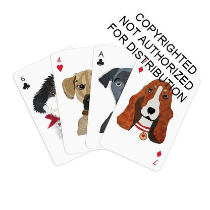 Four dog-themed playing cards fanned out on a white background, with a large diagonal text overlay reading 'COPYRIGHTED NOT AUTHORIZED FOR DISTRIBUTION'. The cards feature illustrated dogs: a black-and-white dog, a tan dog, a gray dog, and a brown basset hound.