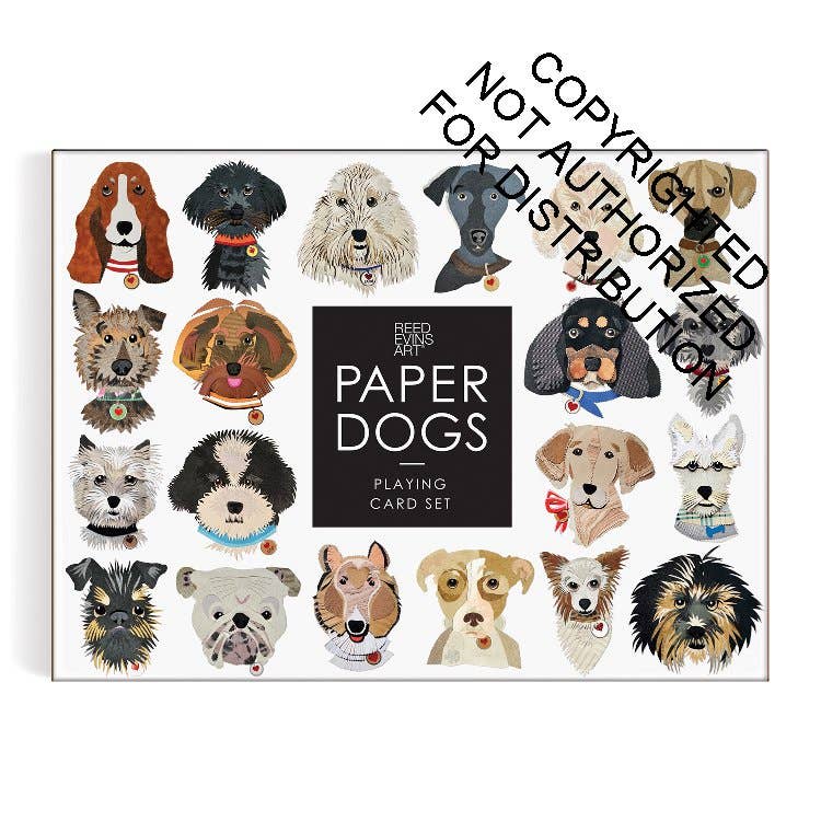 Paper Dogs Playing Card Set featuring a white background with 16 illustrated dog portraits around a central black square label. A diagonal copyright watermark reads 'Copyrighted Not Authorized for Distribution.