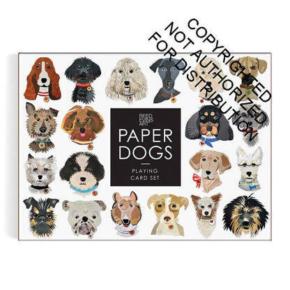 Paper Dogs Playing Card Set featuring a white background with 16 illustrated dog portraits around a central black square label. A diagonal copyright watermark reads 'Copyrighted Not Authorized for Distribution.