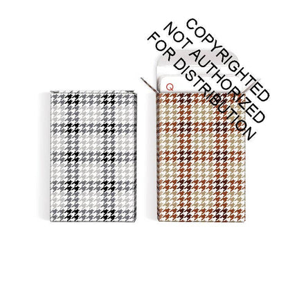Two slim rectangular cases with a houndstooth pattern shown on a white background. The left case has a black, white, and gray houndstooth pattern.