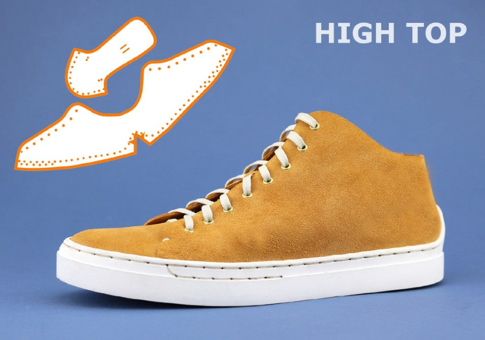 Brown high-top sneaker with white laces on a blue background, labeled 'HIGH TOP'.